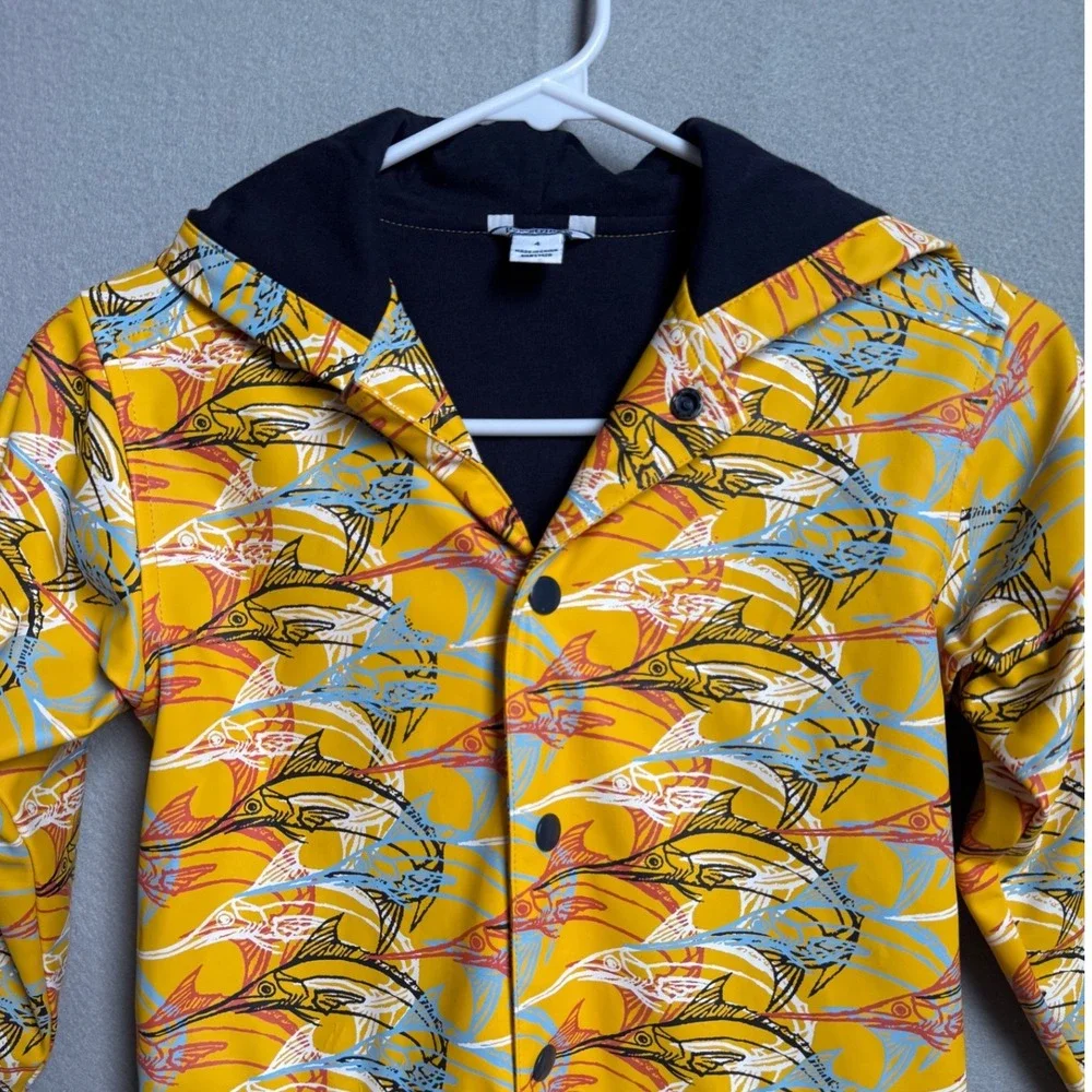 Hartstrings Raincoat Kids Size 4 Yellow Marlin Fish Print Hooded Jacket Snap Up